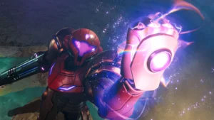 Samus looking at her arm cannon glowing with purple energy