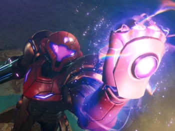 Samus looking at her arm cannon glowing with purple energy