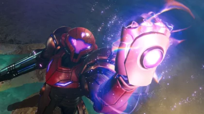 Samus looking at her arm cannon glowing with purple energy