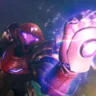 Samus looking at her arm cannon glowing with purple energy