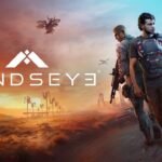 MindsEye key art showing two armed characters in a futuristic landscape with drones and a distant city skyline