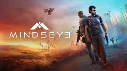 MindsEye key art showing two armed characters in a futuristic landscape with drones and a distant city skyline