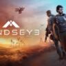 MindsEye key art showing two armed characters in a futuristic landscape with drones and a distant city skyline
