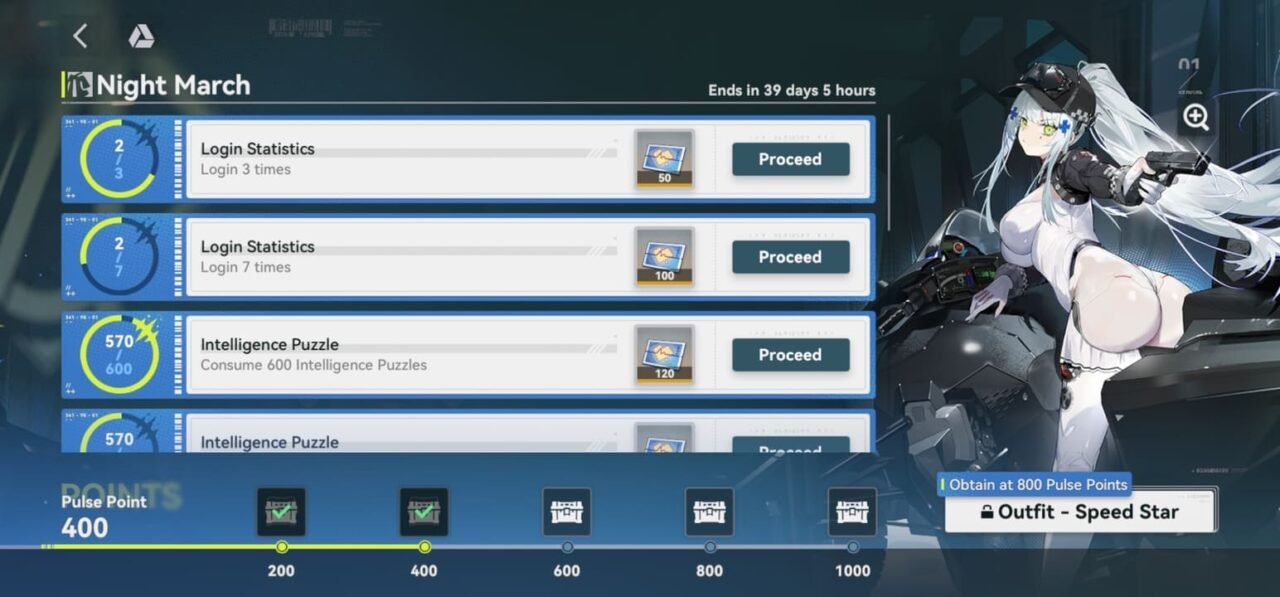 Night March event mission list showing login tasks, intelligence puzzles, and reward progress