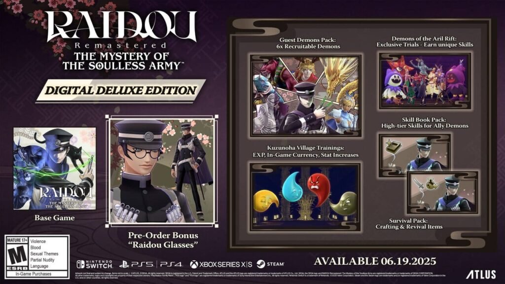 RAIDOU Remastered Digital Deluxe Edition contents including bonus demons, skill packs, training bonuses, and survival items