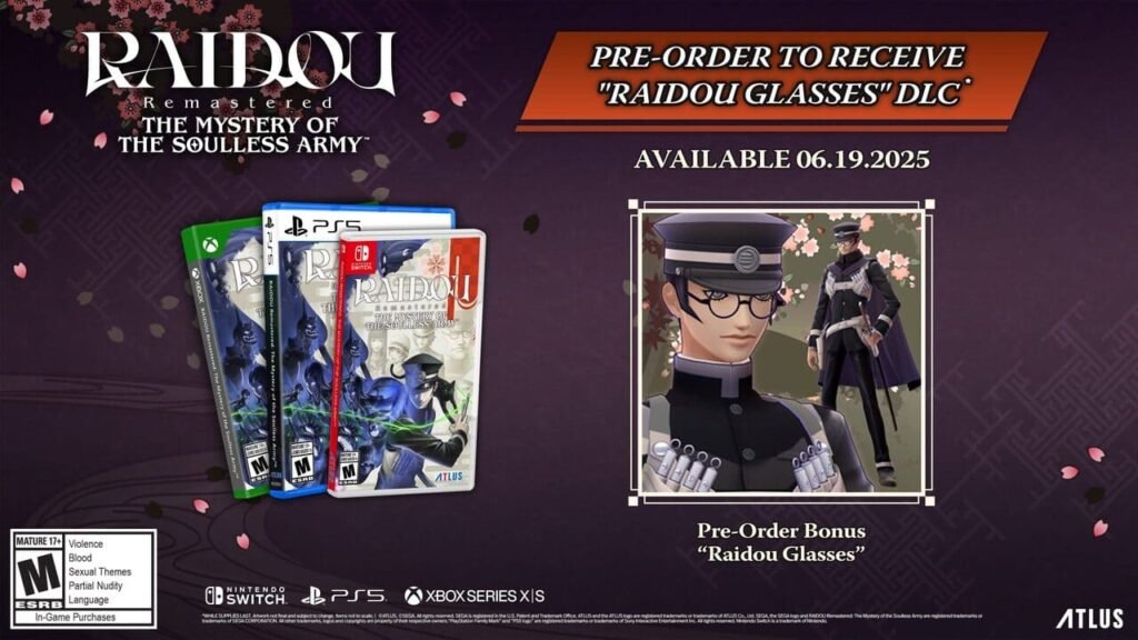 RAIDOU Remastered The Mystery of the Soulless Army pre-order bonus showing Raidou Glasses DLC and physical editions