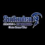 Suikoden HD Remaster logo in blue letters with white outlining against a black background, styled in the Gate Rune War font.