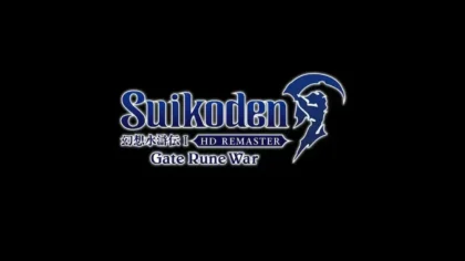 Suikoden HD Remaster logo in blue letters with white outlining against a black background, styled in the Gate Rune War font.
