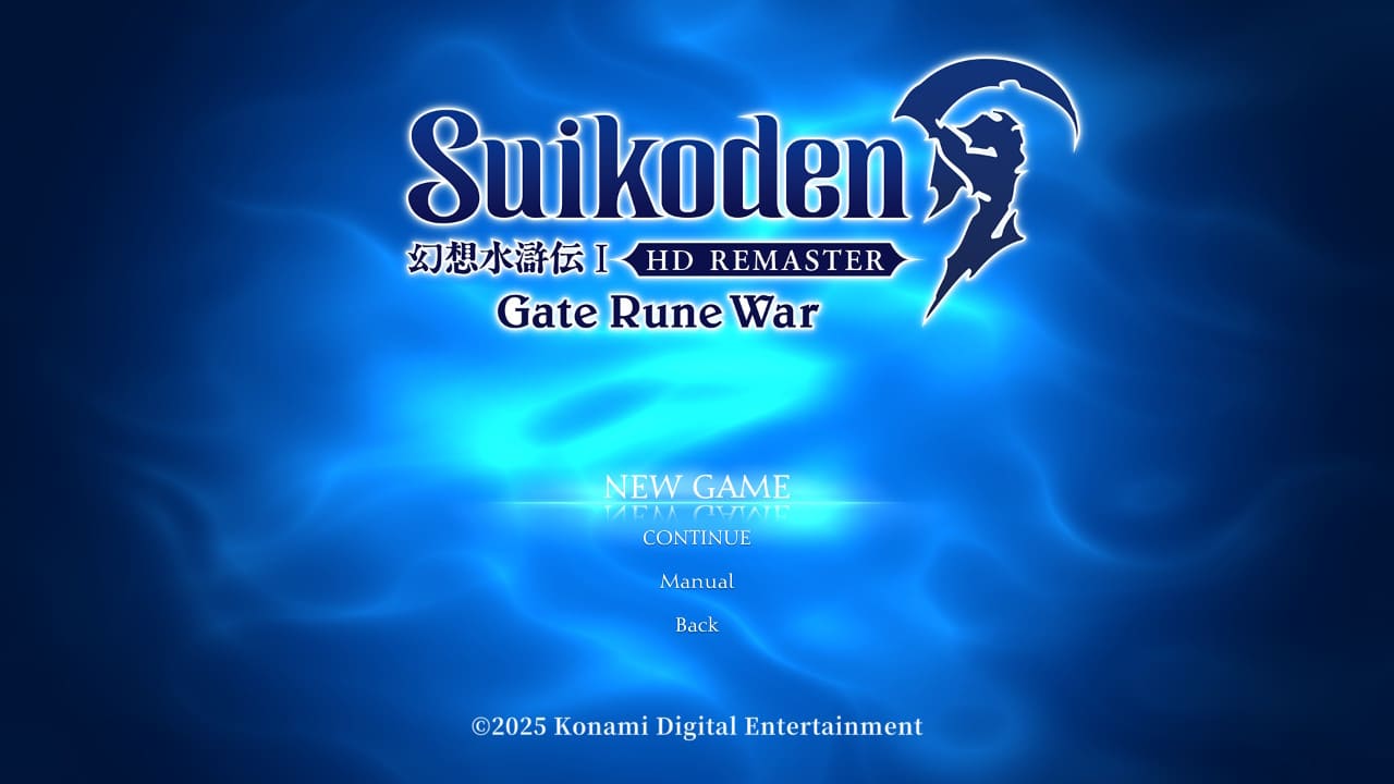 Suikoden I HD Remaster main menu title screen with the logo in Gate Rune War font against a vibrant blue watery background, showing menu options: New Game, Continue, Manual, Back.