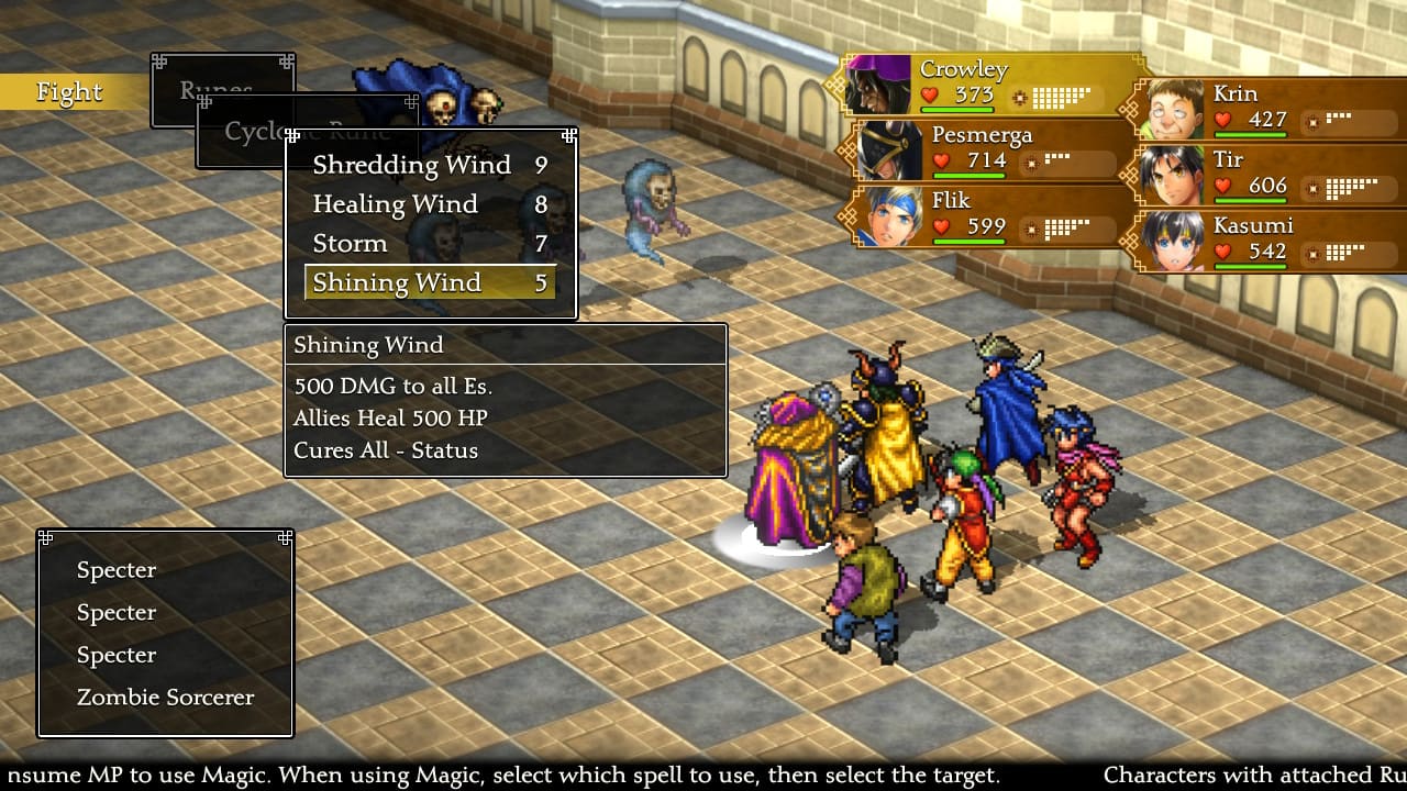 Crowley’s Rune list in Suikoden HD Remaster showing the Shining Wind spell and its description, with the same party members as before.