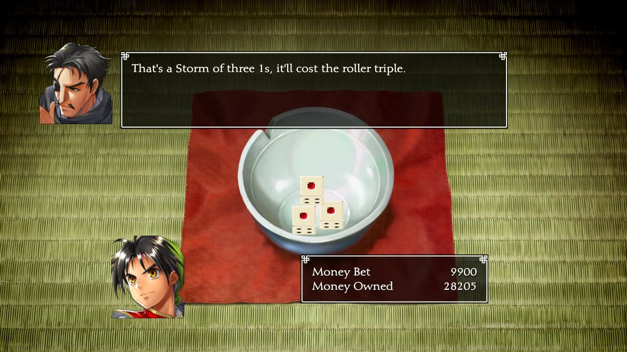 Dice gambling minigame in Suikoden HD Remaster showing a triple 1 roll, with the host stating it’ll cost the roller triple. Max bet is 9900, total money owned is 28205.