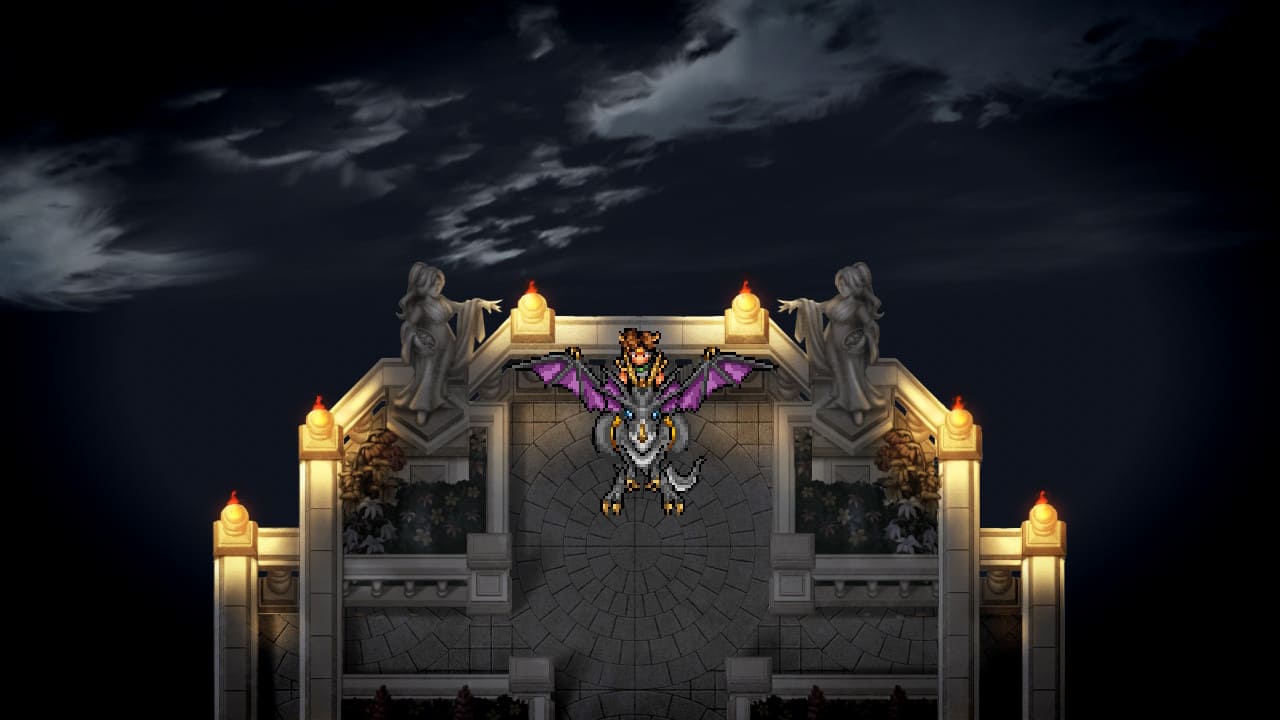 Futch rides Black the dragon as they land near a torch-lit, ominous location under a dark sky in Suikoden HD Remaster.
