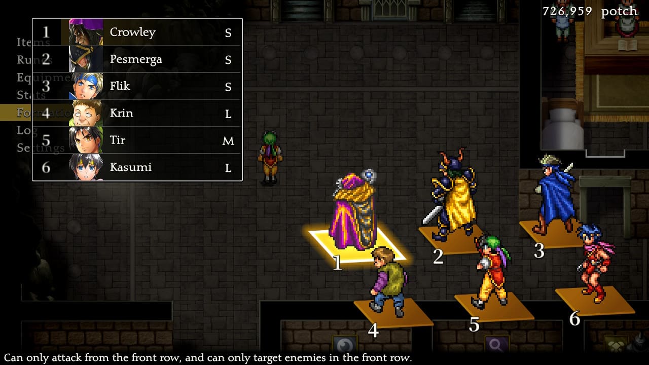 Suikoden HD Remaster battle screen showing characters Crowley, Pesmerga, Flik, Krin, Tir, and Kasumi in slots 1–6 with attack ranges displayed.