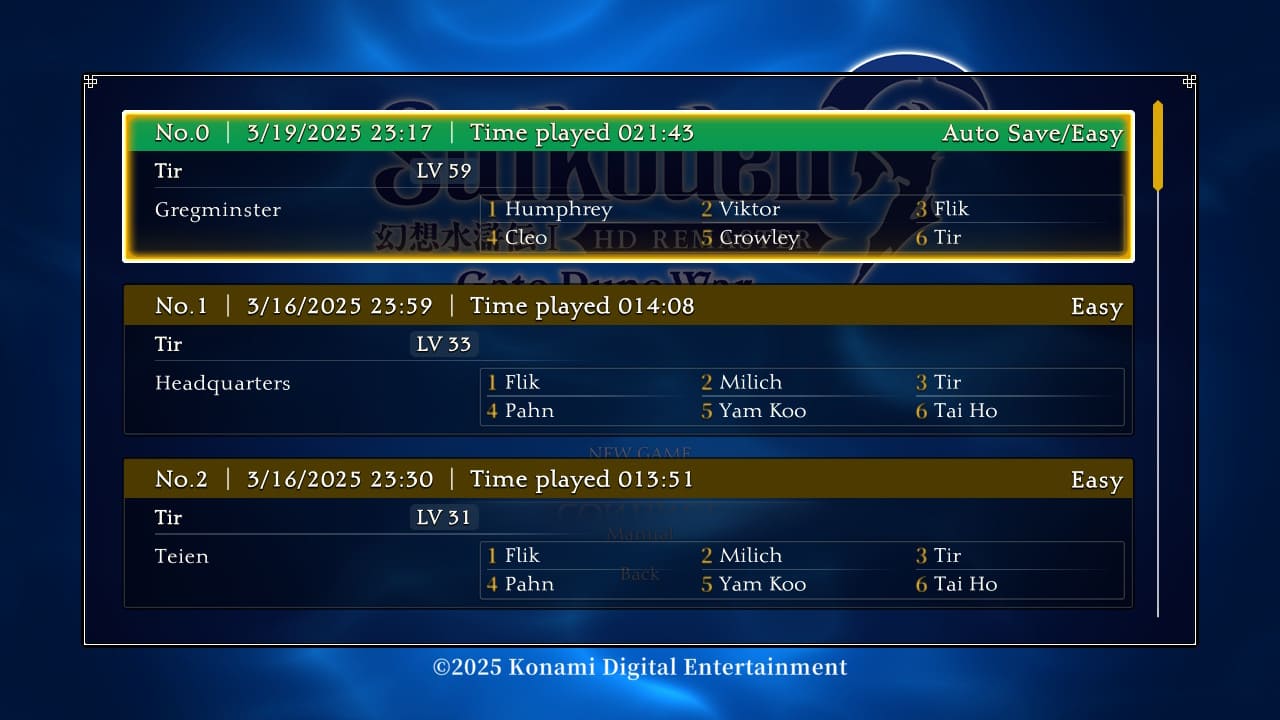 Suikoden HD Remaster save files screen showing multiple save slots with the cursor highlighting a clear save at 21 hours 43 minutes.