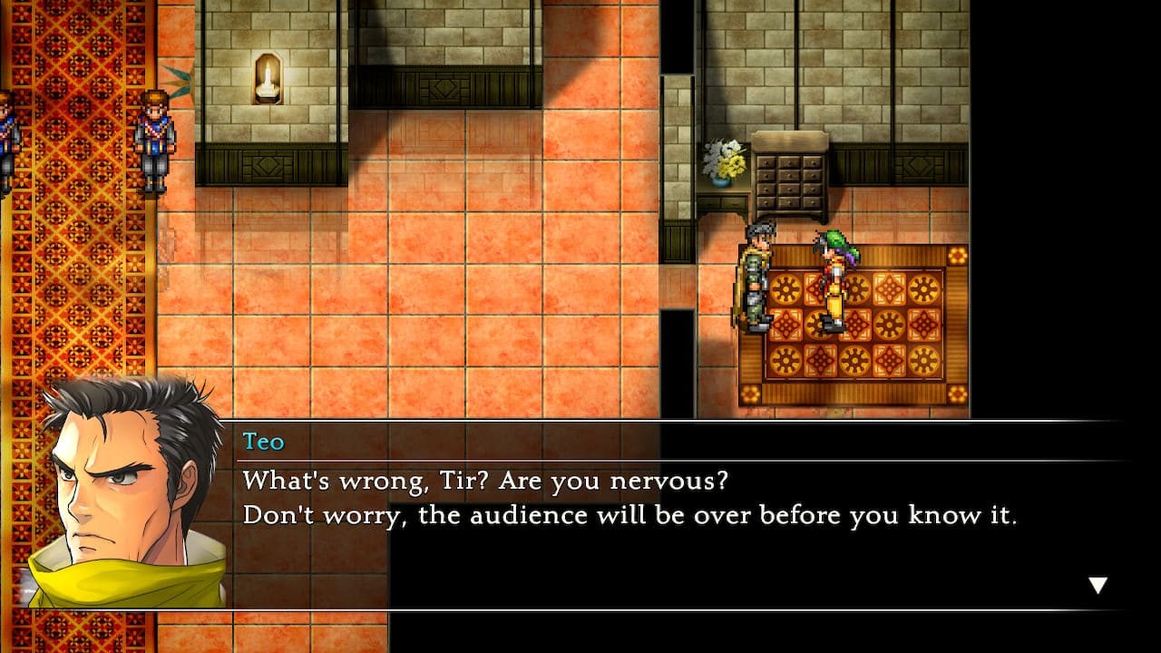Teo speaking to Tir in Suikoden HD Remaster, reassuring him before an important audience.