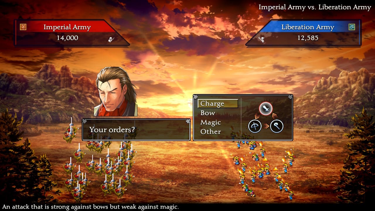 War minigame in Suikoden HD Remaster showing order selection screen with Imperial Army at 14,000 and Liberation Army at 12,585.