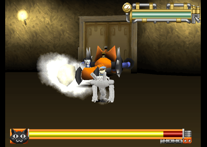 Boss fight in a cave where the boss is pinned against a wall in front of double doors, with the boss’s health bar visible on screen.