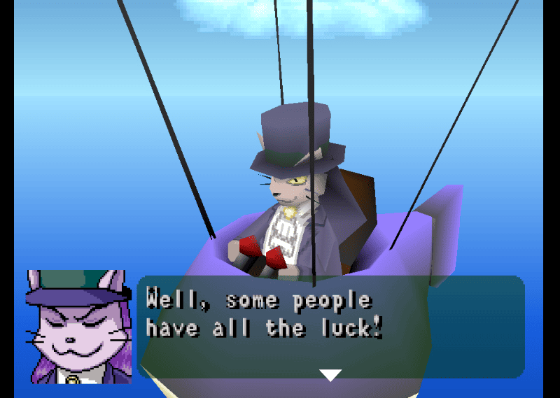 Fool in his blimp looking disappointed, saying, "Well, some people have all the luck!"