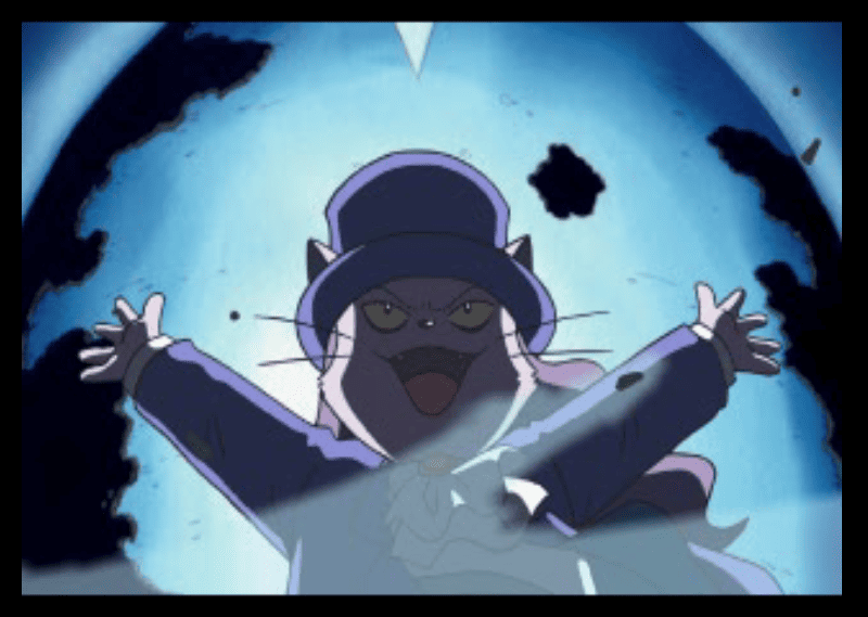 Fool with mouth open in a mischievous grin, declaring victory over Waffle and others in a cutscene.