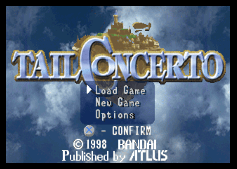 Tail Concerto main menu with options for Load Game, New Game, and Options, set against a sky background with the logo and 1998 Bandai copyright.