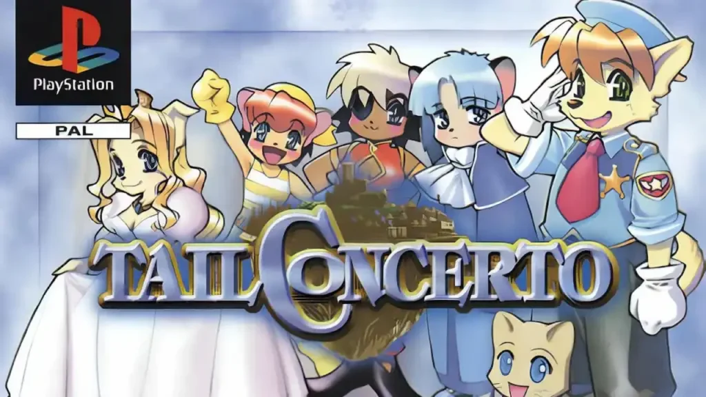 Tail Concerto PAL box art featuring Waffle, the three Black Cat Gang sisters, and the princess, with a watercolor blue background and PS1 PAL branding.