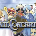 Tail Concerto PAL box art featuring Waffle, the three Black Cat Gang sisters, and the princess, with a watercolor blue background and PS1 PAL branding.