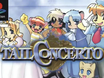 Tail Concerto PAL box art featuring Waffle, the three Black Cat Gang sisters, and the princess, with a watercolor blue background and PS1 PAL branding.