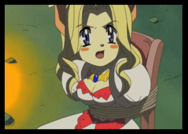 Princess Terria seated in a chair looking frustrated during an anime-style cutscene in Tail Concerto.