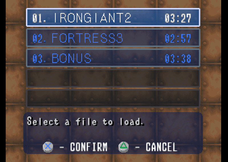 Tail Concerto save files screen showing multiple save slots with the cursor highlighting a clear save at 3 hours 27 minutes.