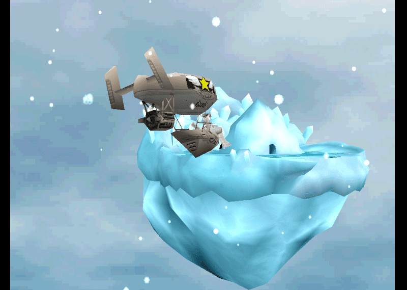 Waffle piloting his aircraft, flying toward a snowy, icy region with icy mountains visible ahead.