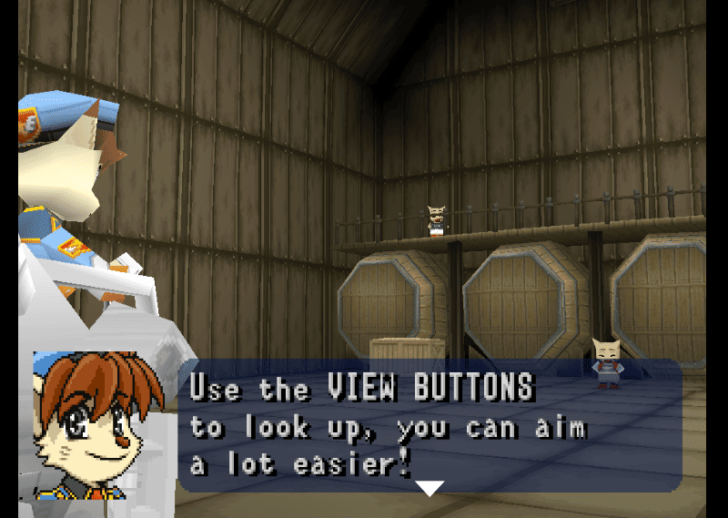 Waffle inside his mech with an on-screen tooltip explaining the use of view buttons to look up for easier aiming.