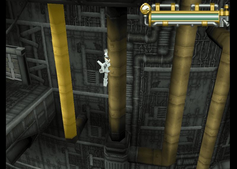 Waffle in his mech seen from a distance, attempting to jump between pipes with the target pipe highlighted in yellow.