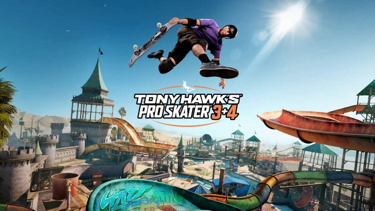 Tony Hawk’s Pro Skater 3 + 4 key art showing a skateboarder performing an aerial trick above a colorful skate park
