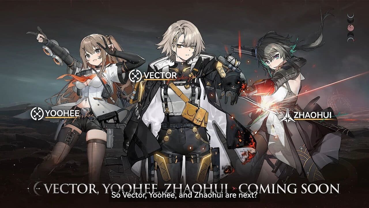 Vector, Yoohee, and Zhaohui coming soon banner in Girls' Frontline 2 showing three upcoming elite Dolls