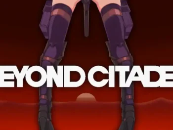 Beyond Citadel title screen with red background, Martyr’s legs visible above bold white logo.
