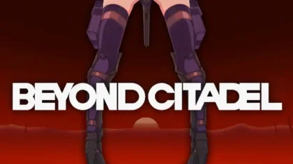 Beyond Citadel title screen with red background, Martyr’s legs visible above bold white logo.
