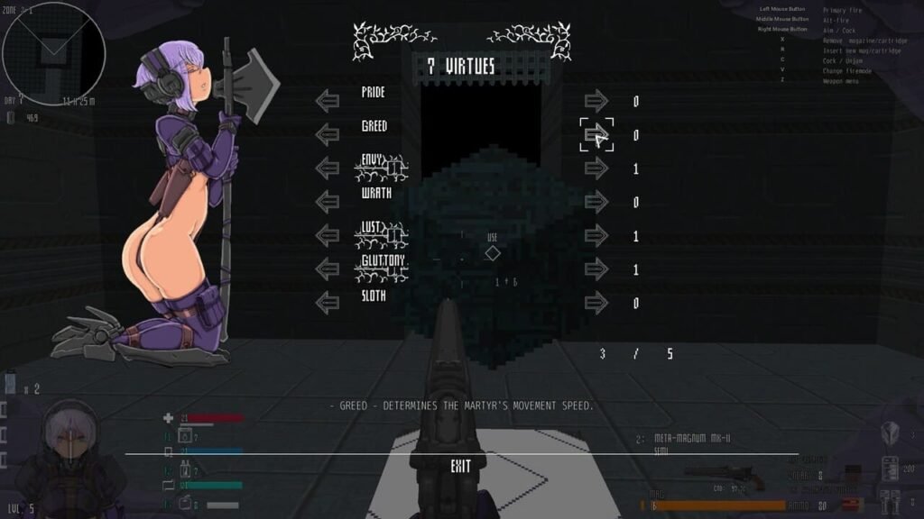 Martyr kneeling beside the 7 Virtues stats screen showing Greed upgrade details.