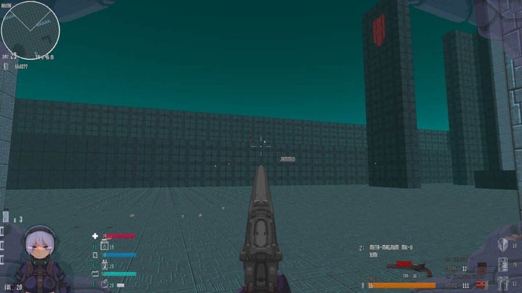 Meta Magnum pistol showing jammed status with jammed indicator and screen alert in Beyond Citadel.