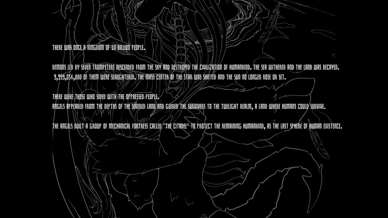 Story text on black background describing demon invasion and apocalypse in Beyond Citadel.