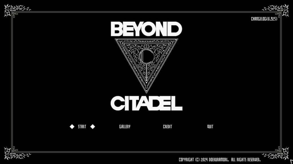 Beyond Citadel title menu with angled logo and options for Start, Gallery, Credit, and Quit.