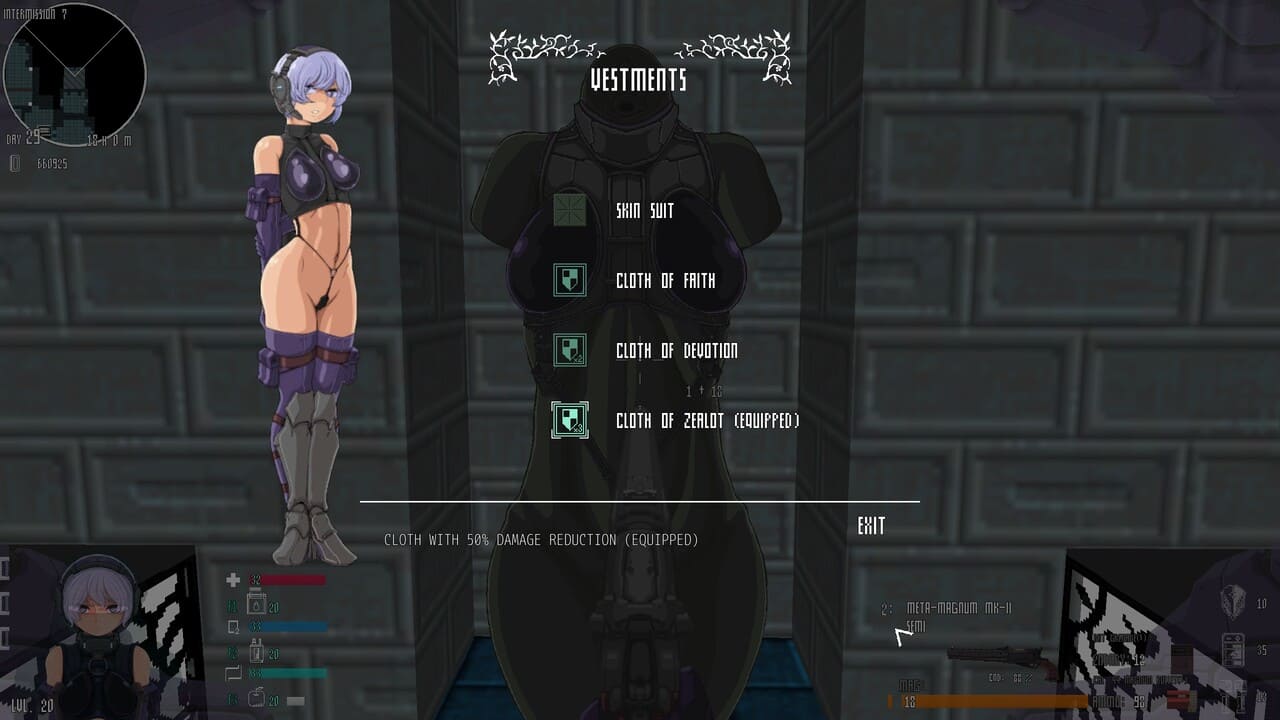 Vestments screen in Beyond Citadel showing skin suit, Cloth of Faith, Devotion, and Zealot options for the Martyr.