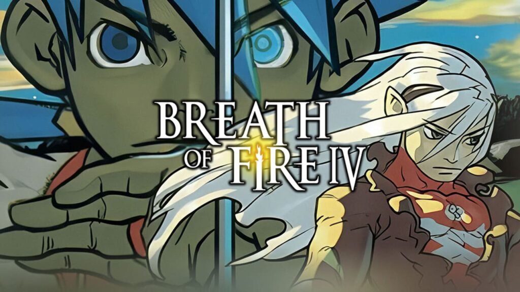 Cover art for Breath of Fire IV, featuring Ryu and Nina against a vivid blue background with fantasy elements.