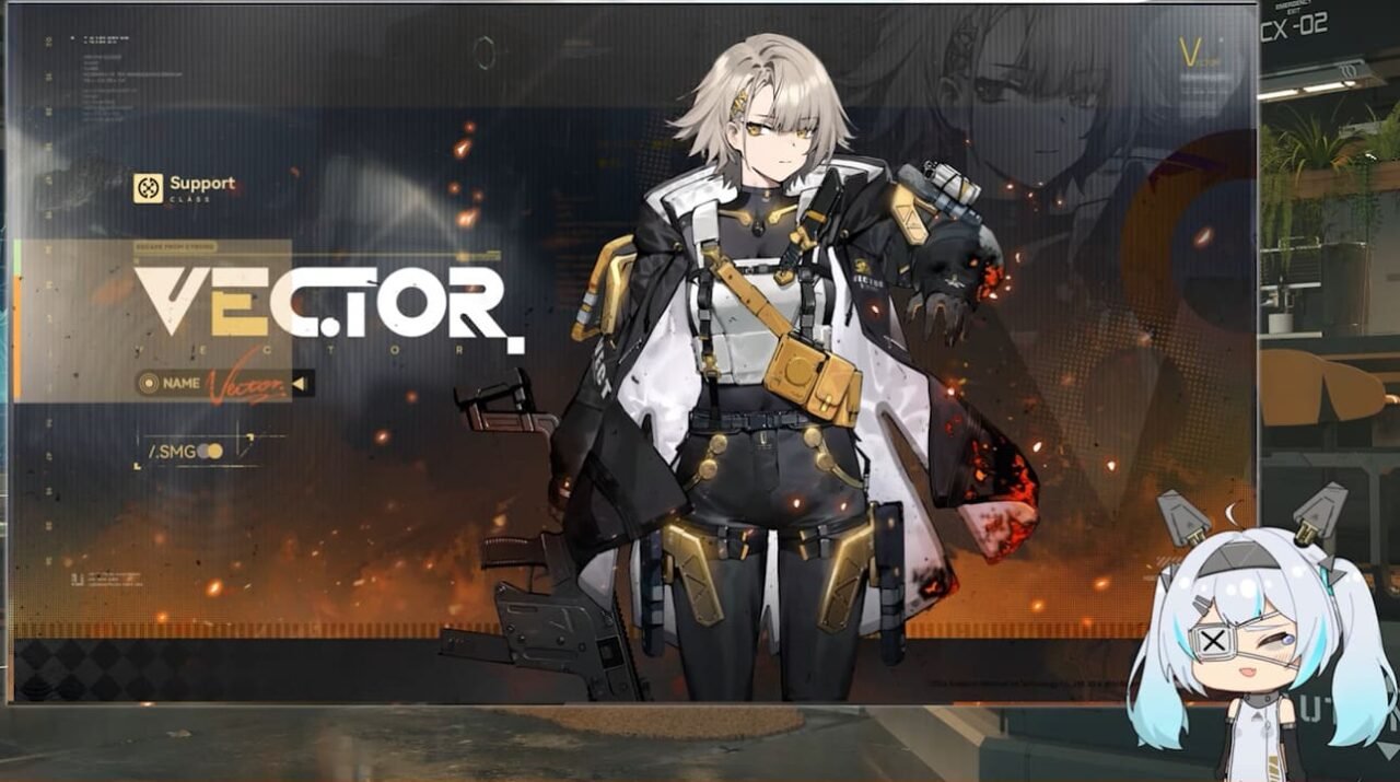 Vector character reveal in Girls’ Frontline 2 Exilium showing the Support-class SMG in a tactical outfit with short silver hair and modern combat gear.