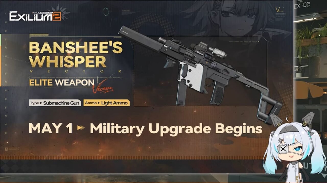 Close-up render of Banshee’s Whisper, Vector’s signature firearm in Girls’ Frontline 2: Exilium.