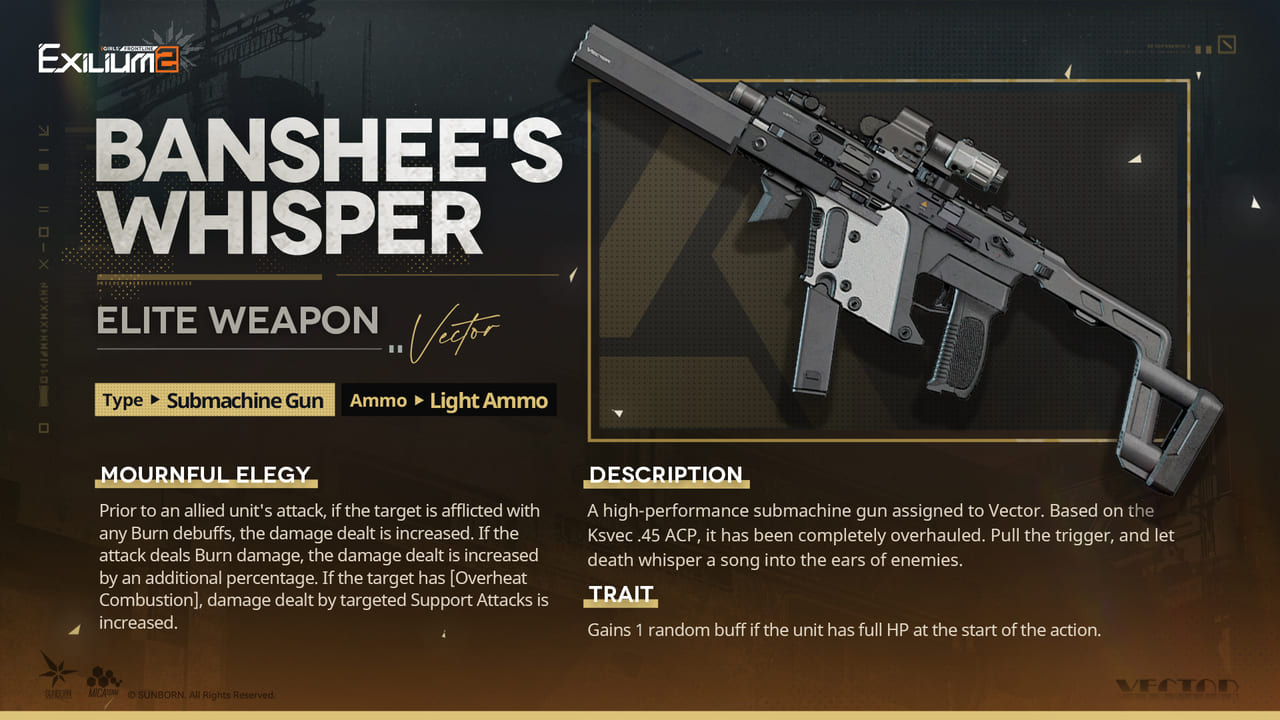 The Banshee's Whisper banner, showcasing Vector's signature gun and its trait description.