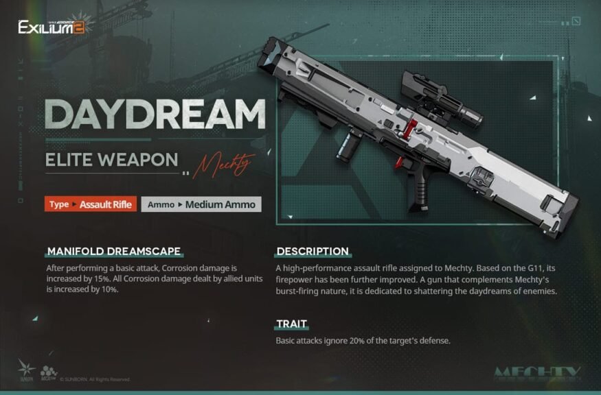 Elite assault rifle “Daydream,” Mechty’s signature weapon in Girls’ Frontline 2: Exilium, showing its modern tactical design and corrosion-focused traits.