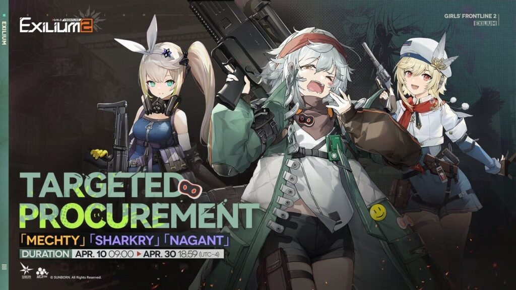 Targeted Procurement banner in Girls’ Frontline 2: Exilium featuring Mechty alongside Sharkry and Nagant, with event dates running from April 10 to April 30, 2025.