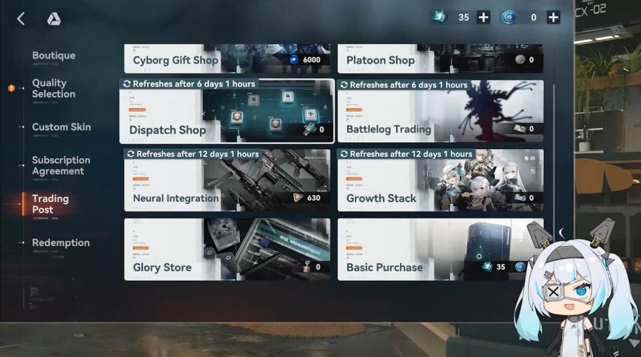 Screenshot of the Trading Post UI featuring the Dispatch Shop, Glory Store, and improved tile-based layout for easier navigation.