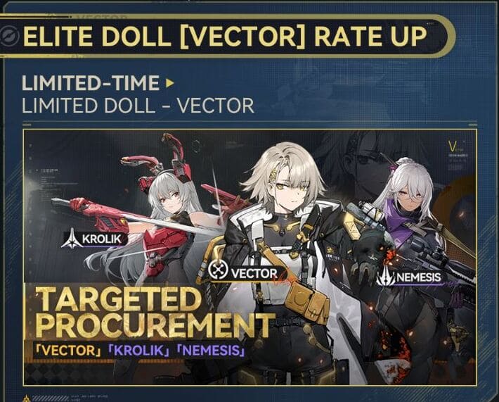Vector’s rate-up banner shared with Krolik and Nemesis for the upcoming event.