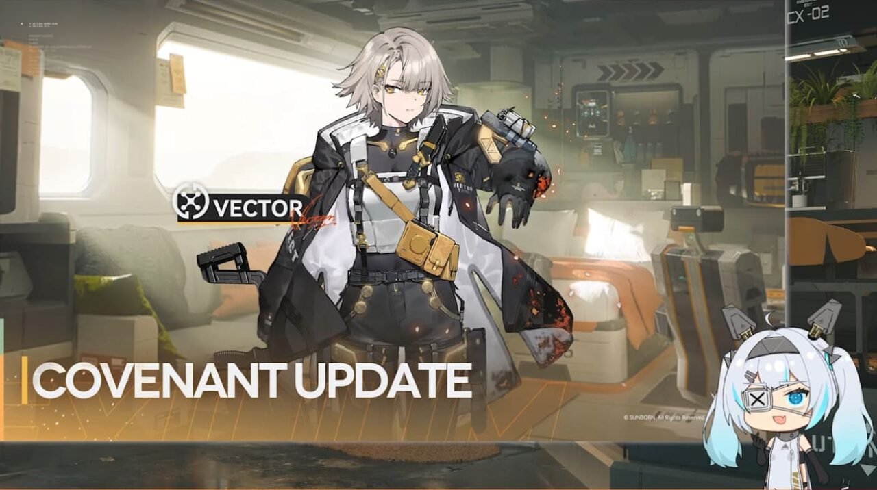 Vector’s Covenant screen featuring dynamic background and expressions.